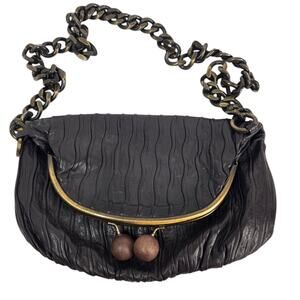 Erva Dark Brown Leather Purse Aged Brass Chain Strap Wooden Kiss Lock